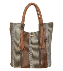 Sun N Sand Striped Shoulder Tote W/ Faux Leather Tassels