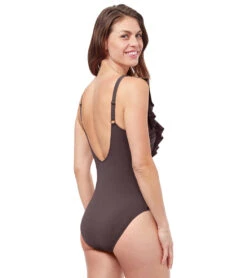 Profile By Gottex Women's Tutti Frutti One Shoulder Ruffle Tie Knot Surplice One Piece Swimsuit -Daily Swim Wear 8637846749352 espresso 3a