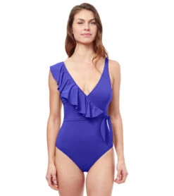 Profile By Gottex Women's Tutti Frutti One Shoulder Ruffle Tie Knot Surplice One Piece Swimsuit -Daily Swim Wear 8637846749352 indigo 1a