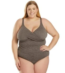 Penbrooke Krinkle Plus Size Chlorine Resistant One Piece Cross Over Swimsuit -Daily Swim Wear 8638811242664 mineralbeige