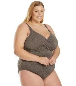 Penbrooke Krinkle Plus Size Chlorine Resistant One Piece Cross Over Swimsuit -Daily Swim Wear 8638811242664 mineralbeige 2a