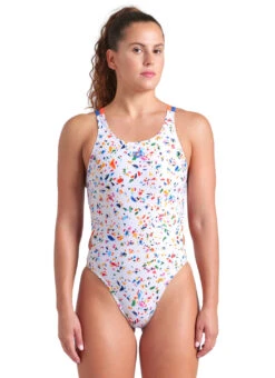Arena Women's Confetti Tech Multi Back One Piece Swimsuit -Daily Swim Wear 8646811091112 whitemultibrightcoralroyal 1a