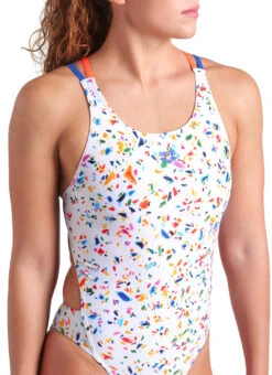Arena Women's Confetti Tech Multi Back One Piece Swimsuit -Daily Swim Wear 8646811091112 whitemultibrightcoralroyal 4a