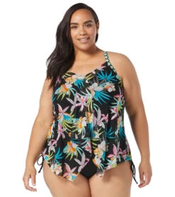 Beach House Women's Plus Size Tropical Bloom Kerry Mesh Layer Tankini Top -Daily Swim Wear 8651219370152 black