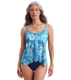 Shape Solver By Penbrooke Women's Barcelona Blues Handkerchief Hem Tankini Top -Daily Swim Wear 8665868075176 2t