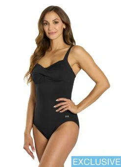 TYR Women's Solid Durafast Elite Twisted Bra Controlfit One Piece Swimsuit -Daily Swim Wear 8671175999656 black 4a